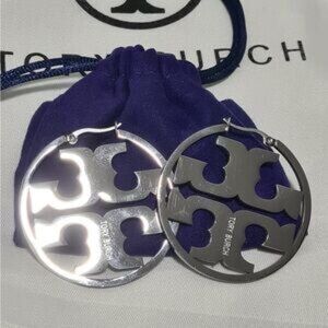 Tory Burch Silver Logo Hoop Earrings